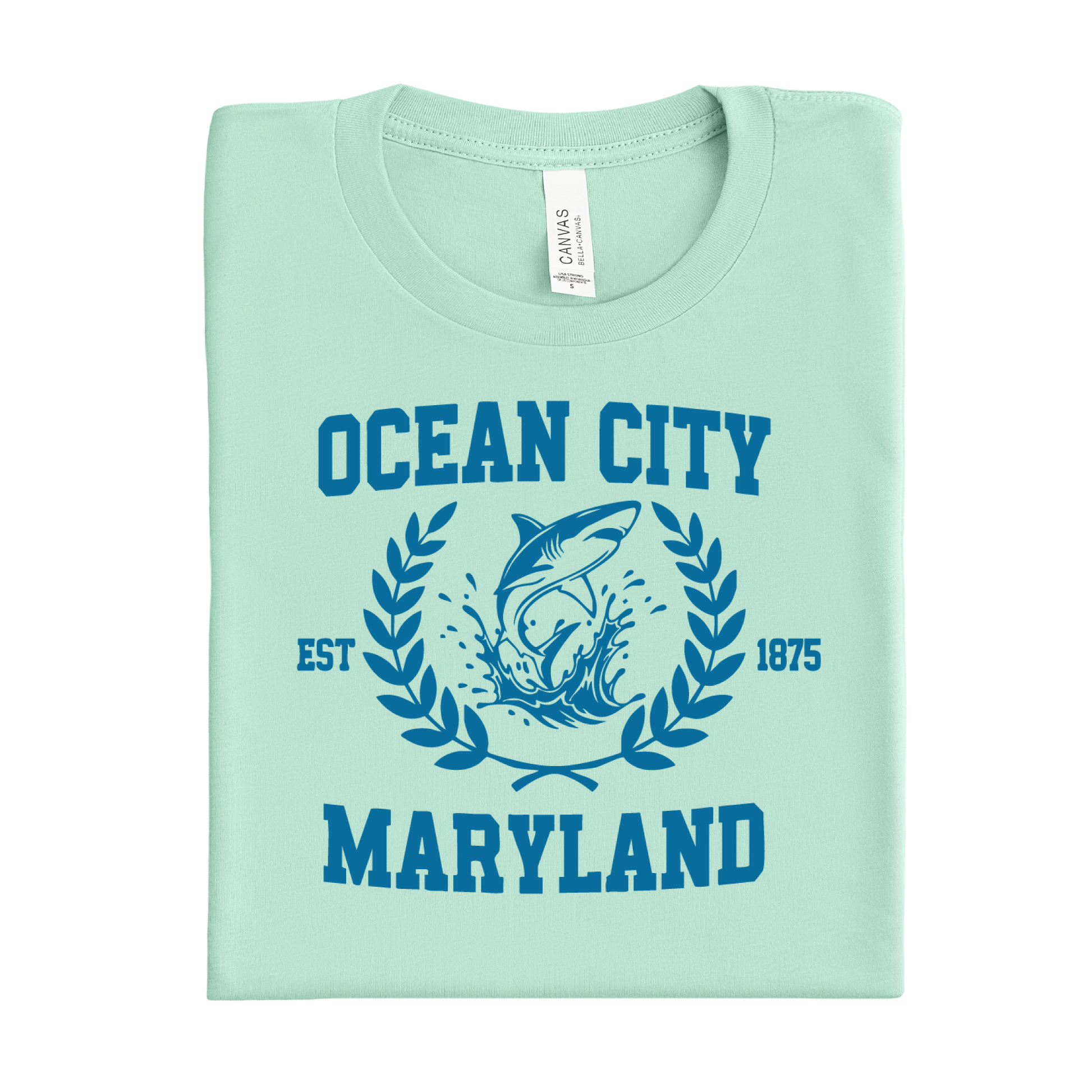 mint green t-shirt with 'Ocean City, Maryland' design on a white background