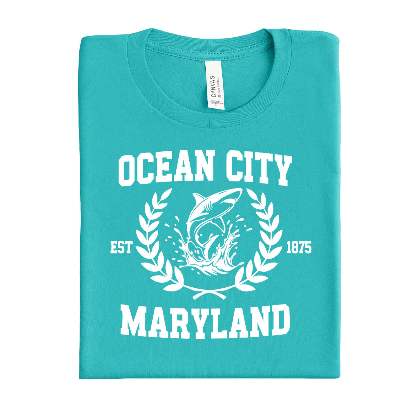 Folded teal t-shirt with white 'Ocean City, Maryland' text and graphic on a white background