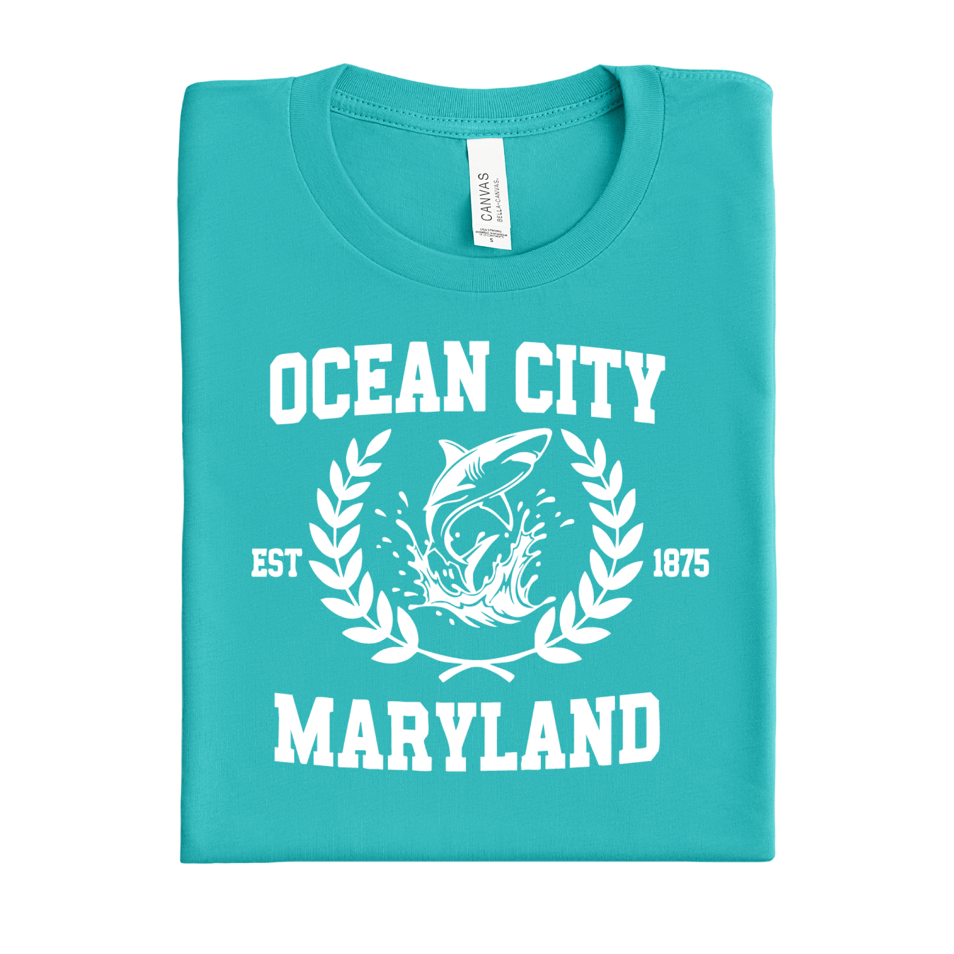 Folded teal t-shirt with white 'Ocean City, Maryland' text and graphic on a white background