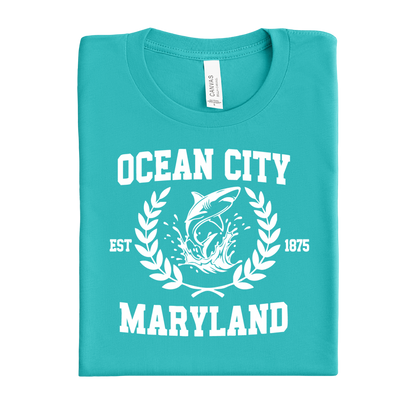 Folded teal t-shirt with white 'Ocean City, Maryland' text and graphic on a white background