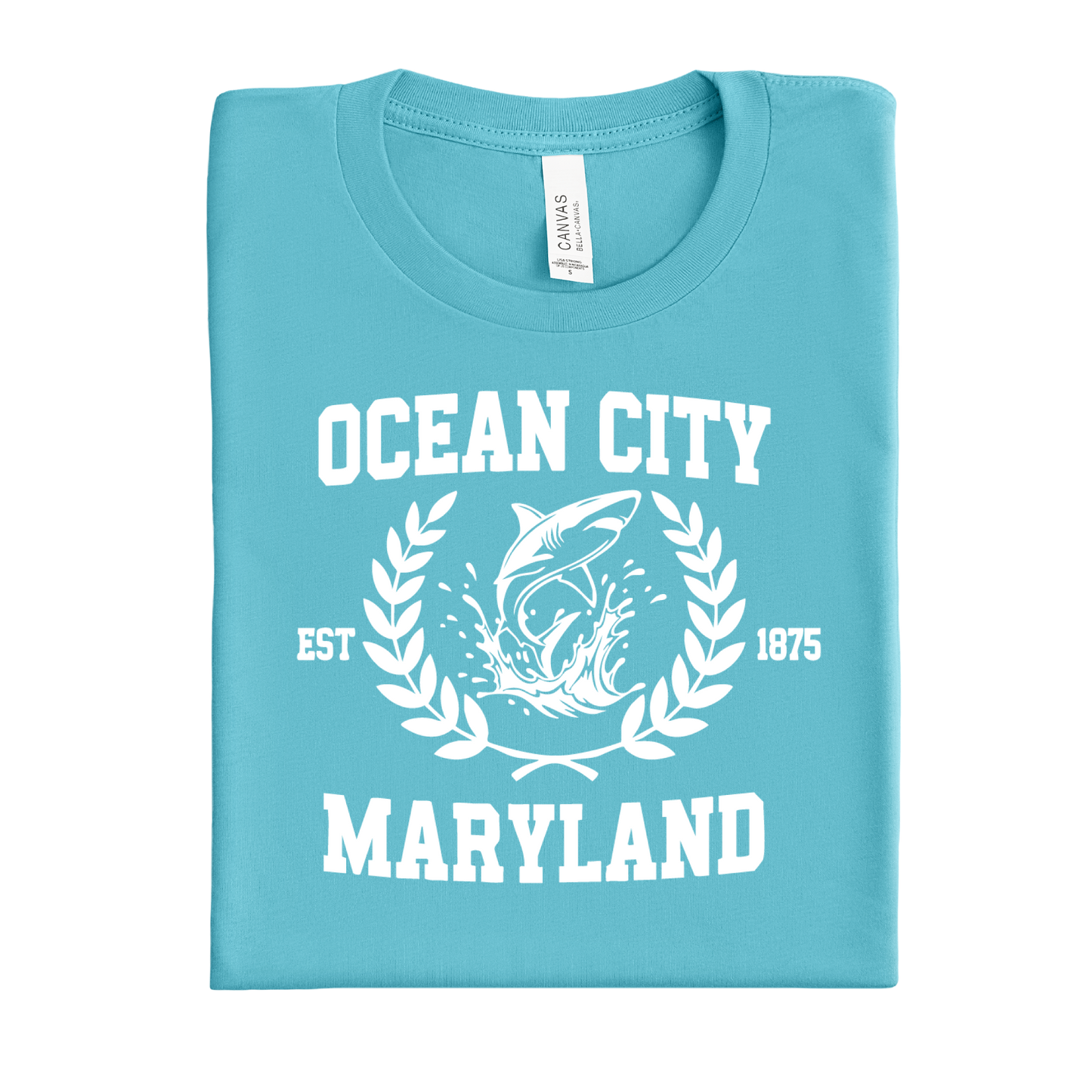 Folded turquoise t-shirt with 'Ocean City, Maryland' design on a white background