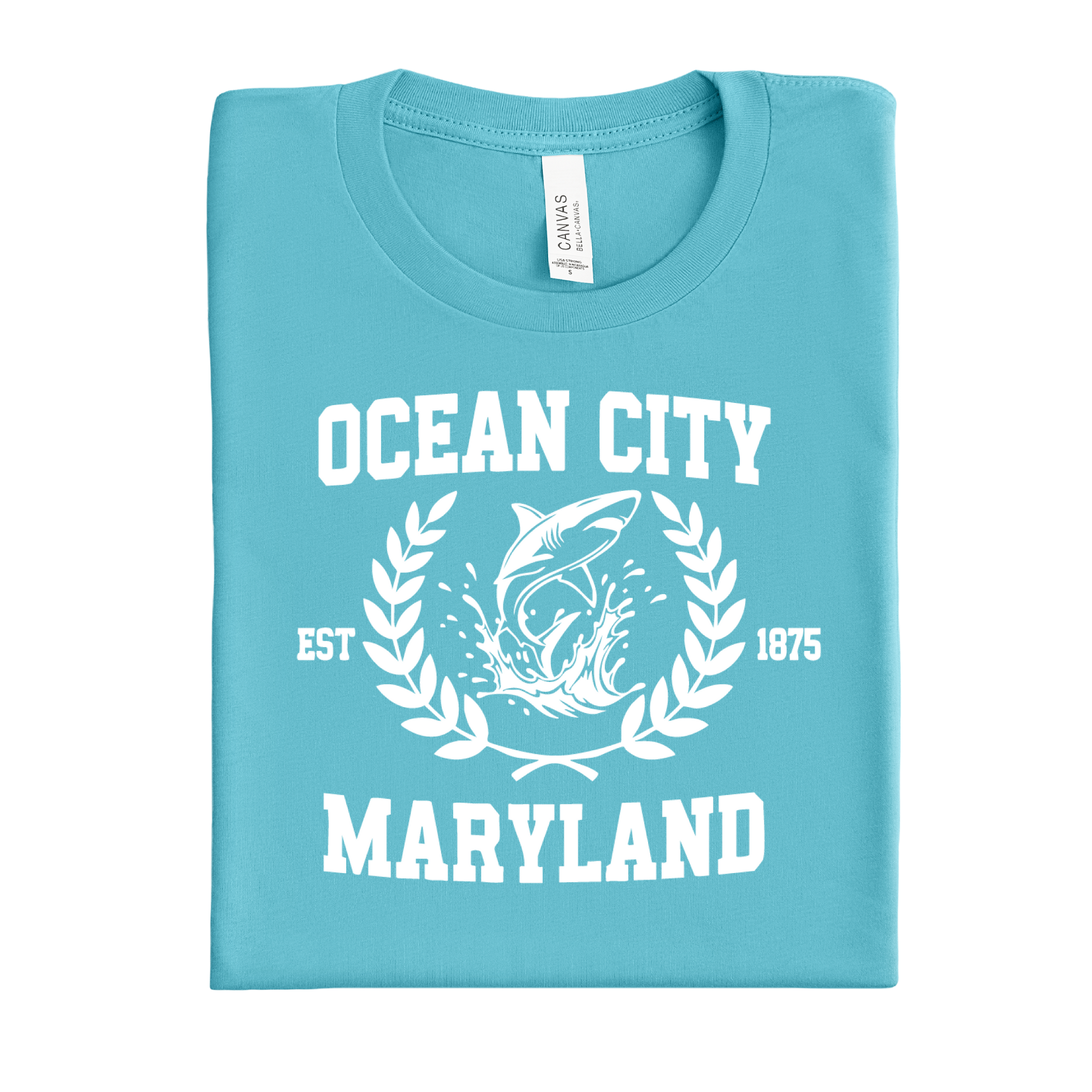 Folded turquoise t-shirt with 'Ocean City, Maryland' design on a white background