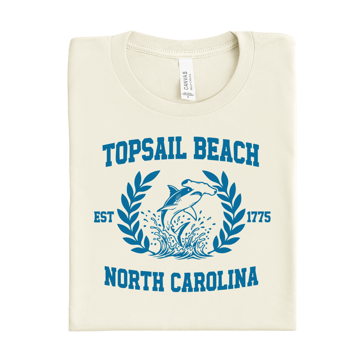 Folded t-shirt with 'Topsail Beach, North Carolina' design on a white background
