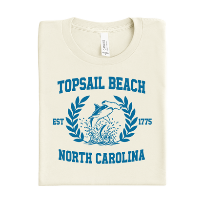 Folded t-shirt with 'Topsail Beach, North Carolina' design on a white background