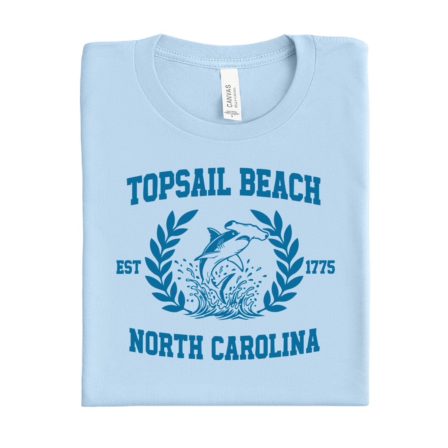 Baby blue t-shirt with 'Topsail Beach, North Carolina' design on a white background