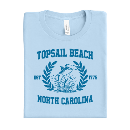 Baby blue t-shirt with 'Topsail Beach, North Carolina' design on a white background