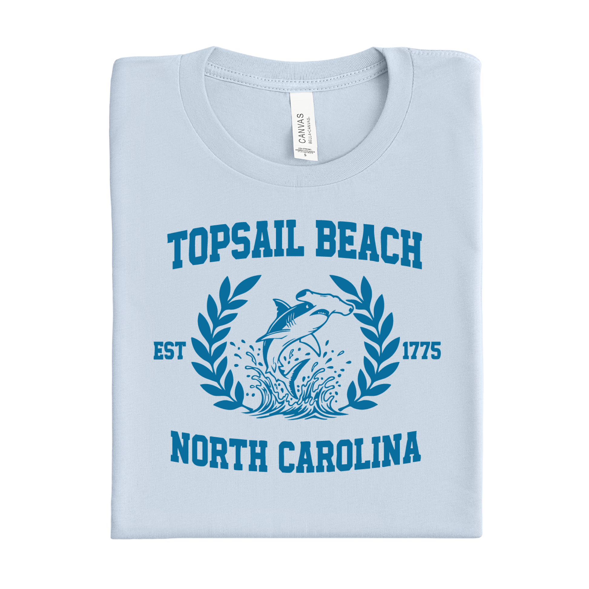 Light blue t-shirt with 'Topsail Beach, North Carolina' design on a white background