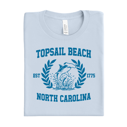 Light blue t-shirt with 'Topsail Beach, North Carolina' design on a white background