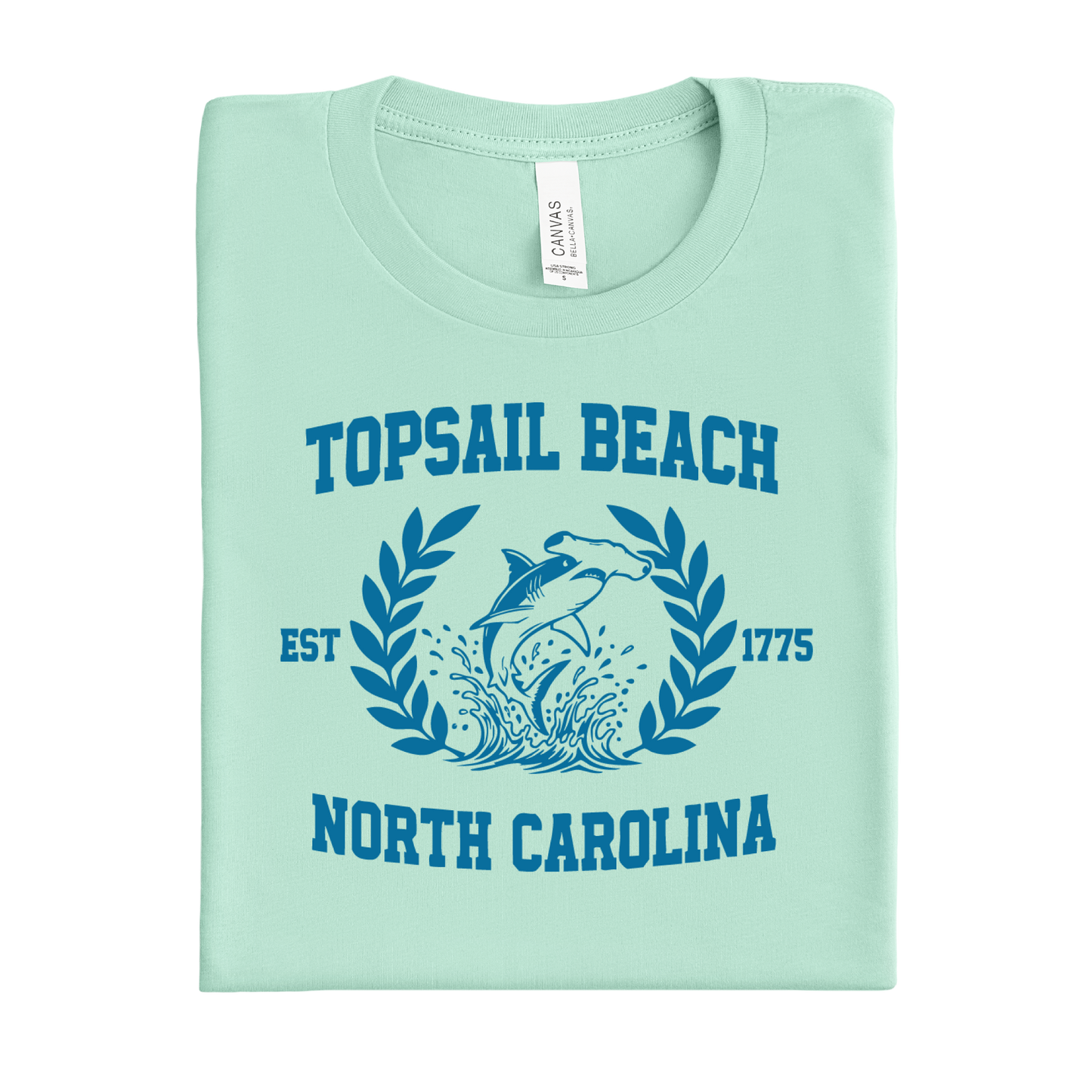 mint green t-shirt with Topsail Beach, North Carolina design on a white background