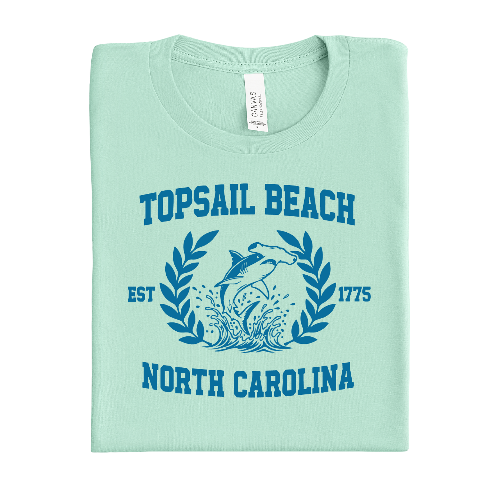 mint green t-shirt with Topsail Beach, North Carolina design on a white background