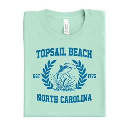 mint green t-shirt with Topsail Beach, North Carolina design on a white background
