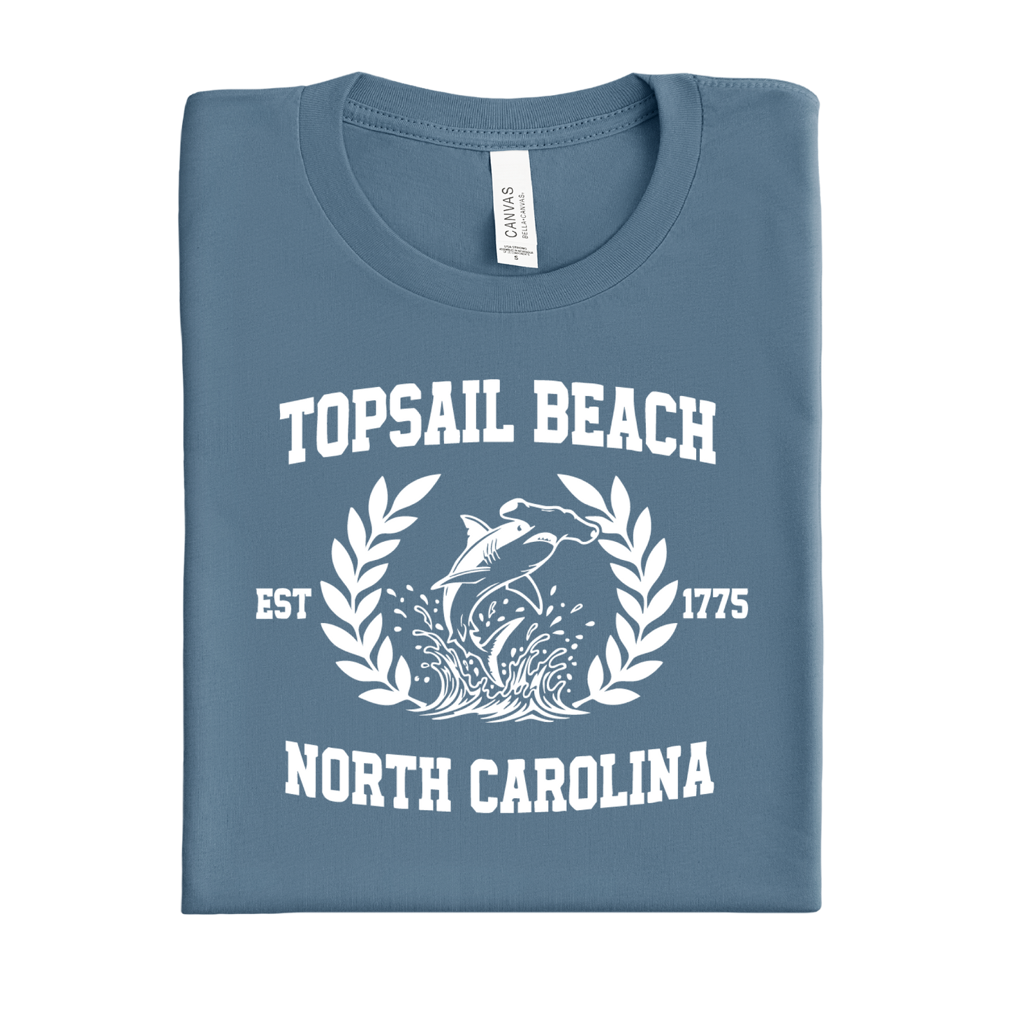 Folded steel blue t-shirt with 'Topsail Beach, North Carolina' design on a white background