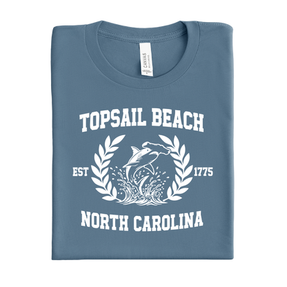 Folded steel blue t-shirt with 'Topsail Beach, North Carolina' design on a white background