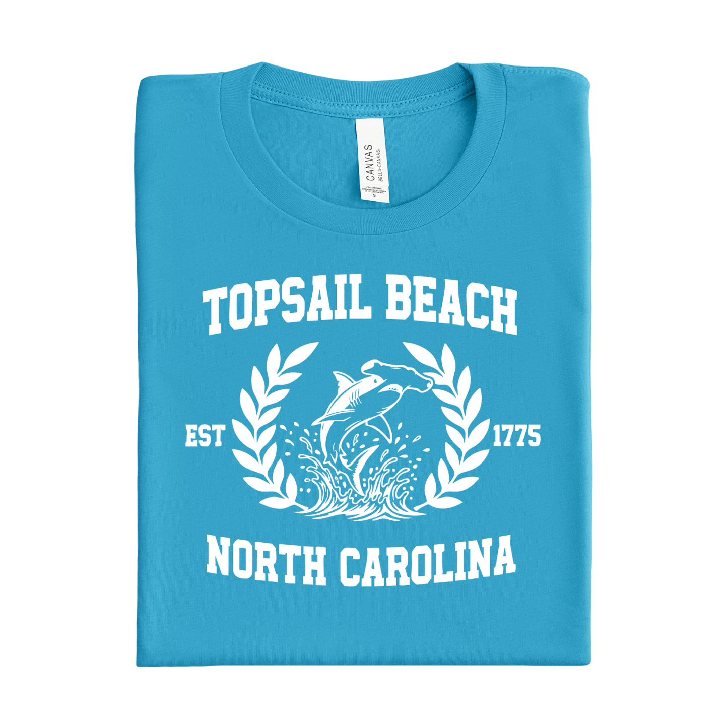 Aqua Blue t-shirt with 'Topsail Beach, North Carolina' design on a white background