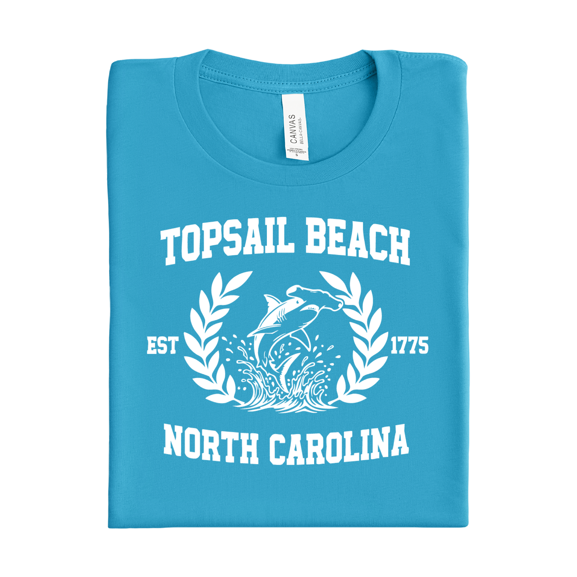 Aqua Blue t-shirt with 'Topsail Beach, North Carolina' design on a white background