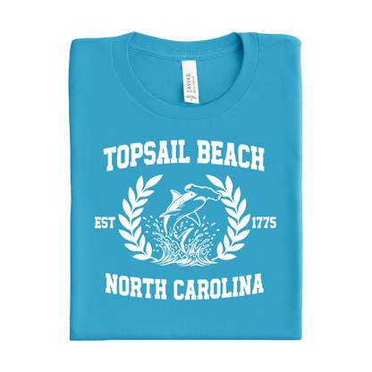 Aqua Blue t-shirt with 'Topsail Beach, North Carolina' design on a white background