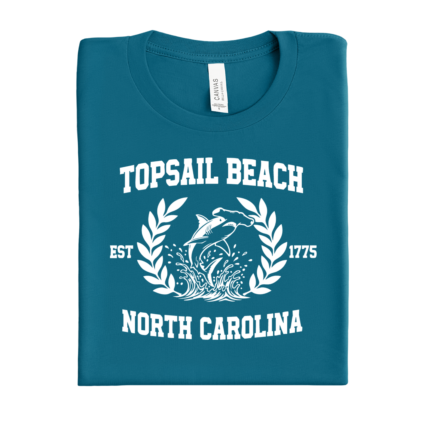 Folded deep teal t-shirt with Topsail Beach, North Carolina design on a white background