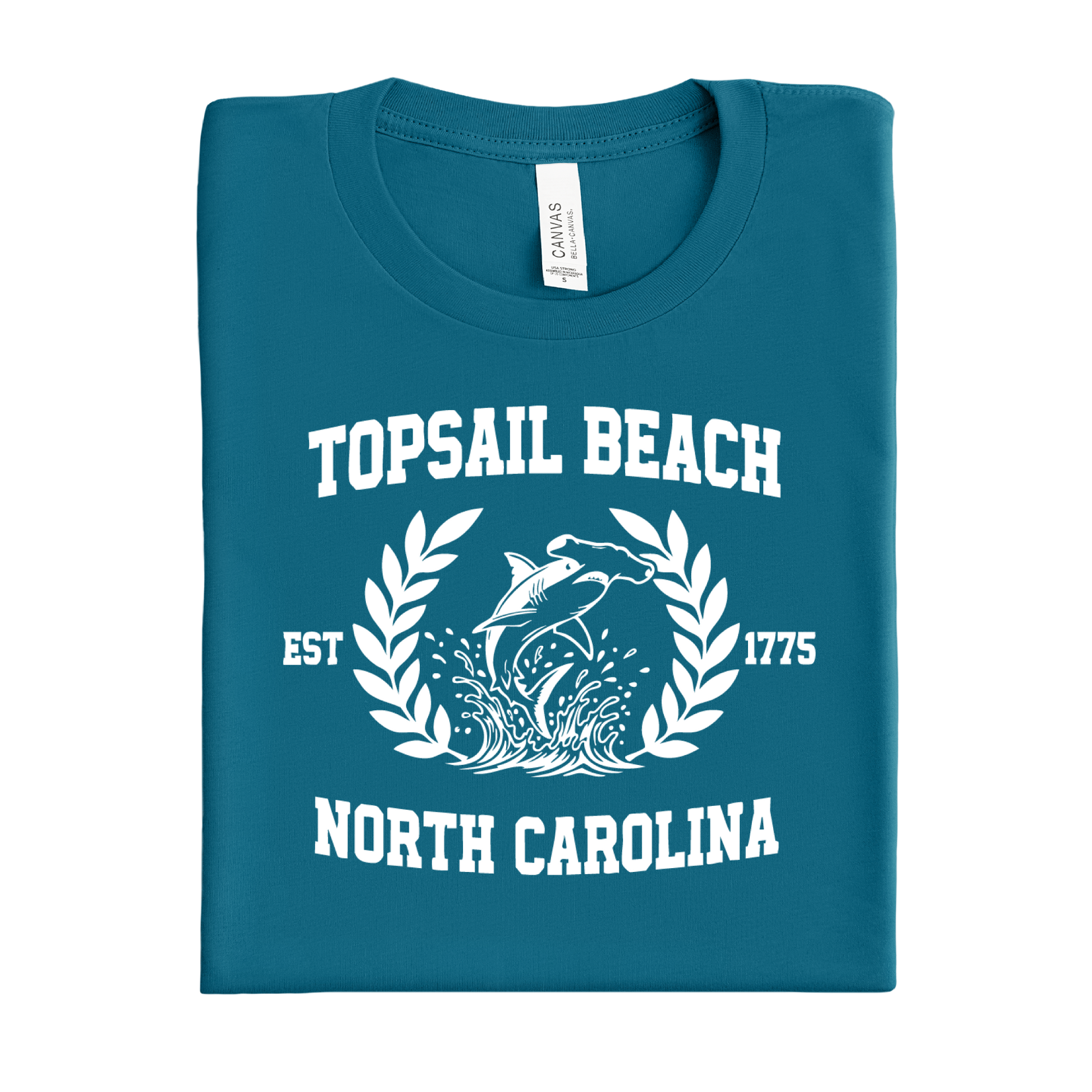 Folded deep teal t-shirt with Topsail Beach, North Carolina design on a white background