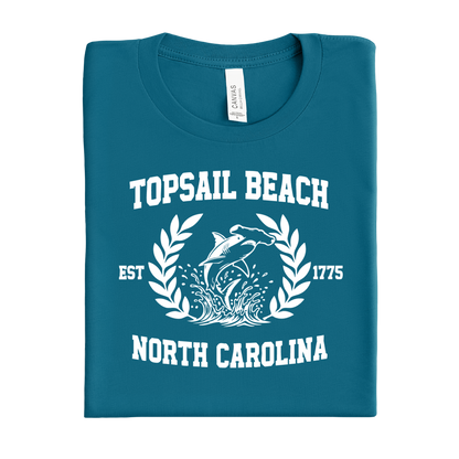 Folded deep teal t-shirt with Topsail Beach, North Carolina design on a white background