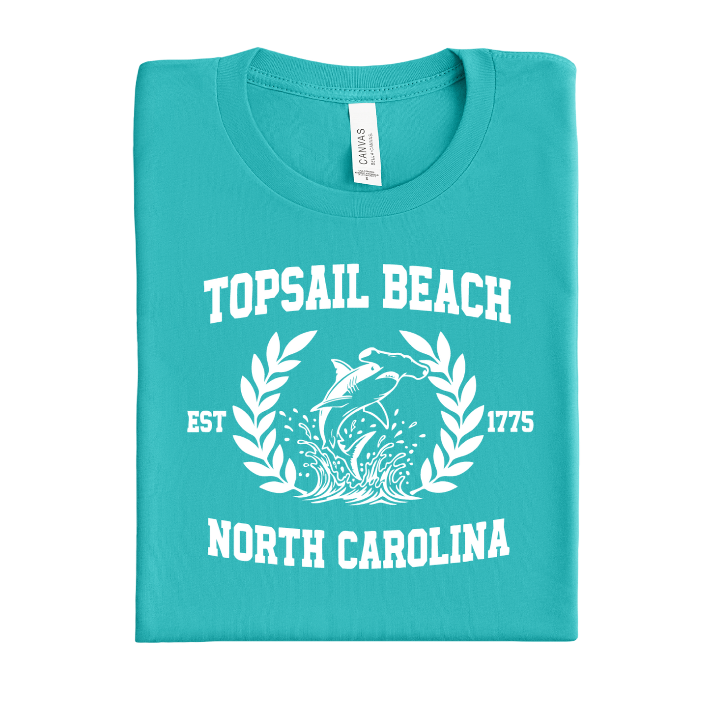 Folded teal t-shirt with Topsail Beach, North Carolina design on a white background