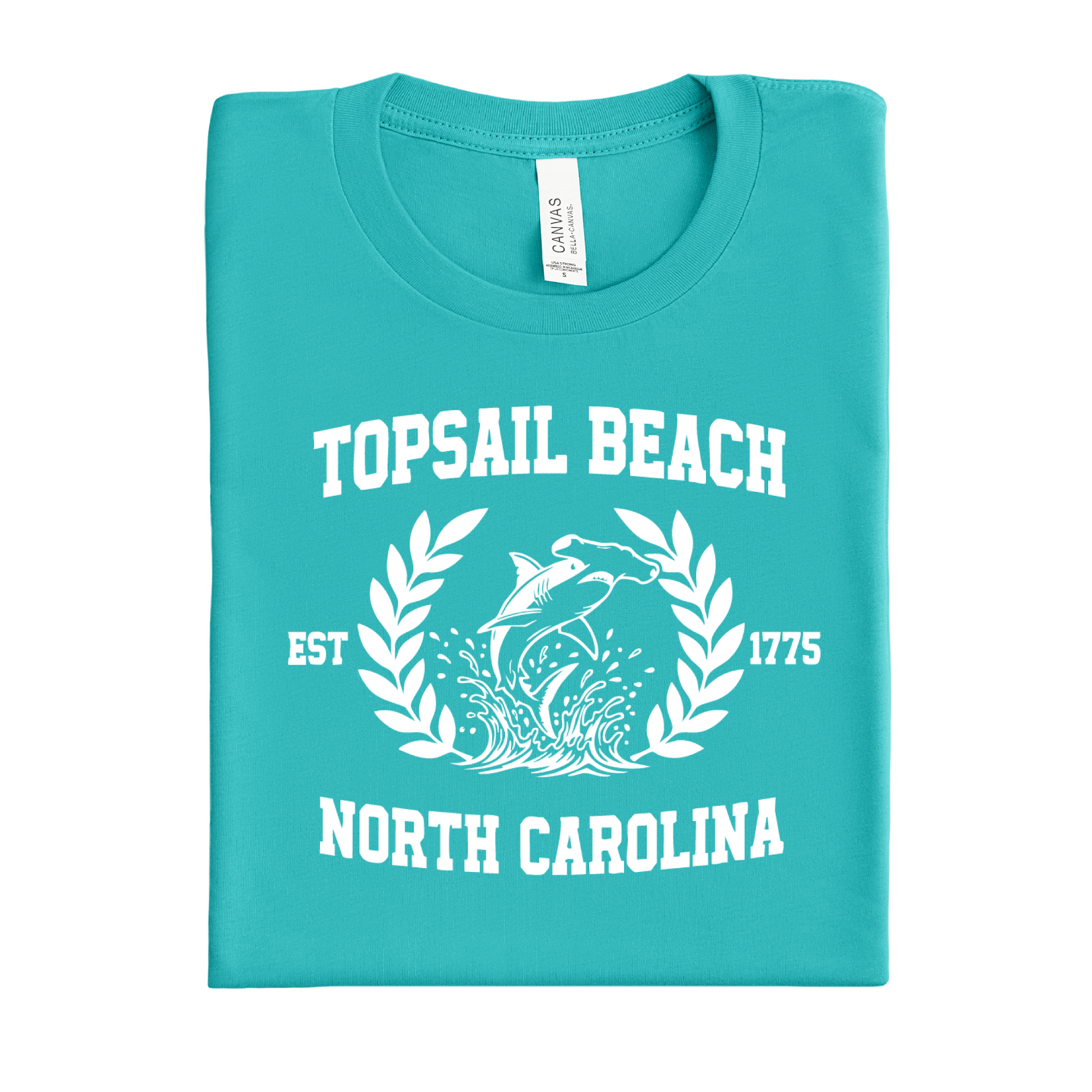 Folded teal t-shirt with Topsail Beach, North Carolina design on a white background