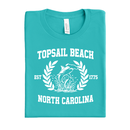 Folded teal t-shirt with Topsail Beach, North Carolina design on a white background