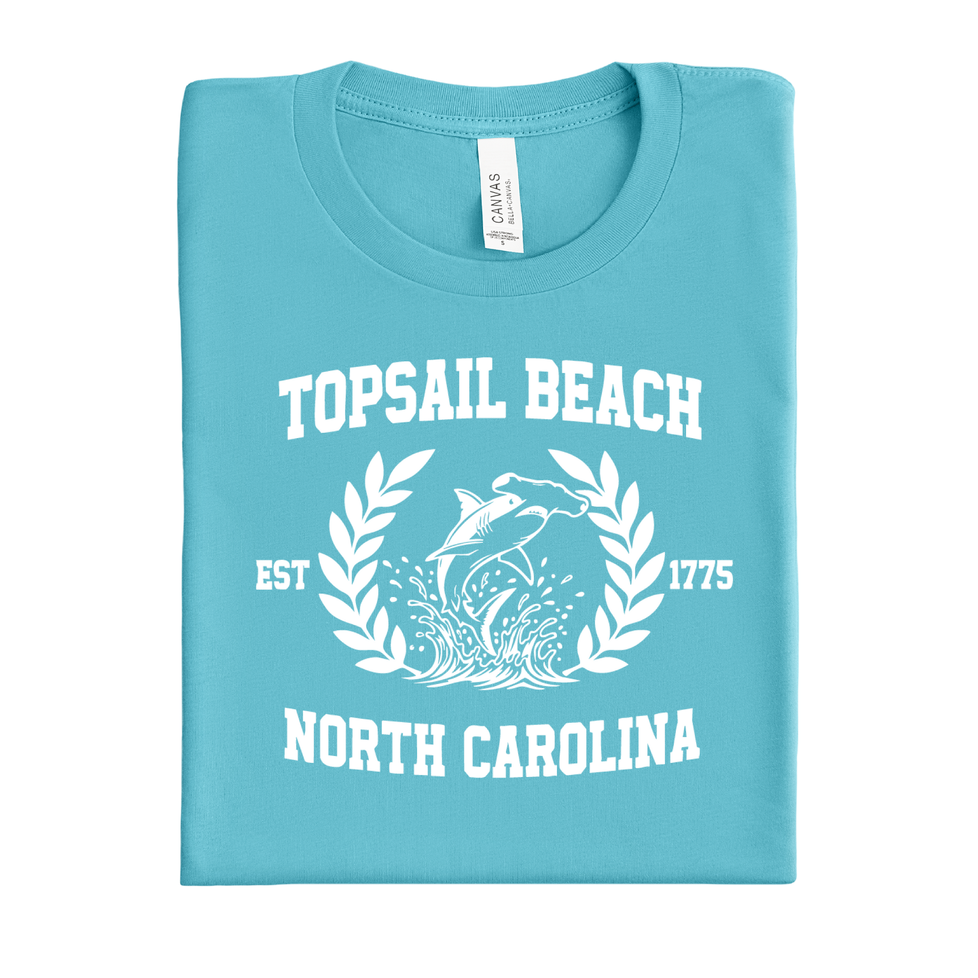 turquoise t-shirt with white text and graphics on a white background