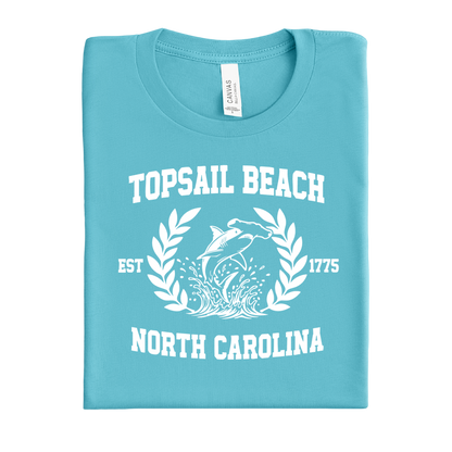 turquoise t-shirt with white text and graphics on a white background