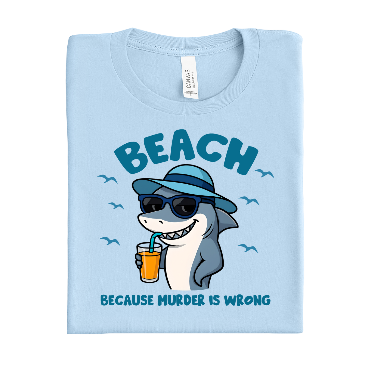 Baby blue t-shirt with a shark graphic and text on a white background
