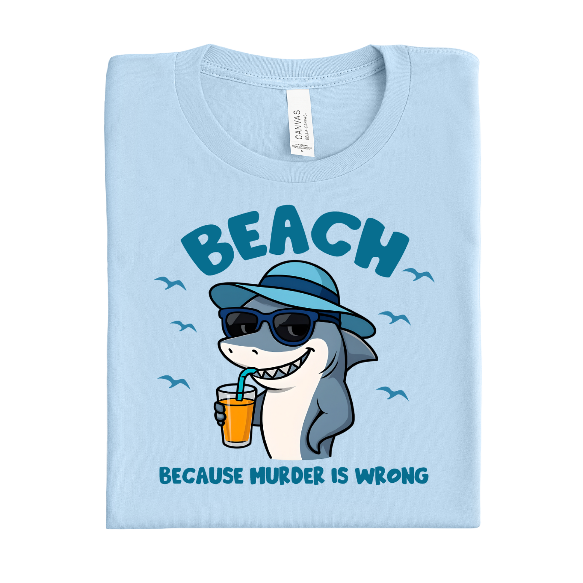 Baby blue t-shirt with a shark graphic and text on a white background