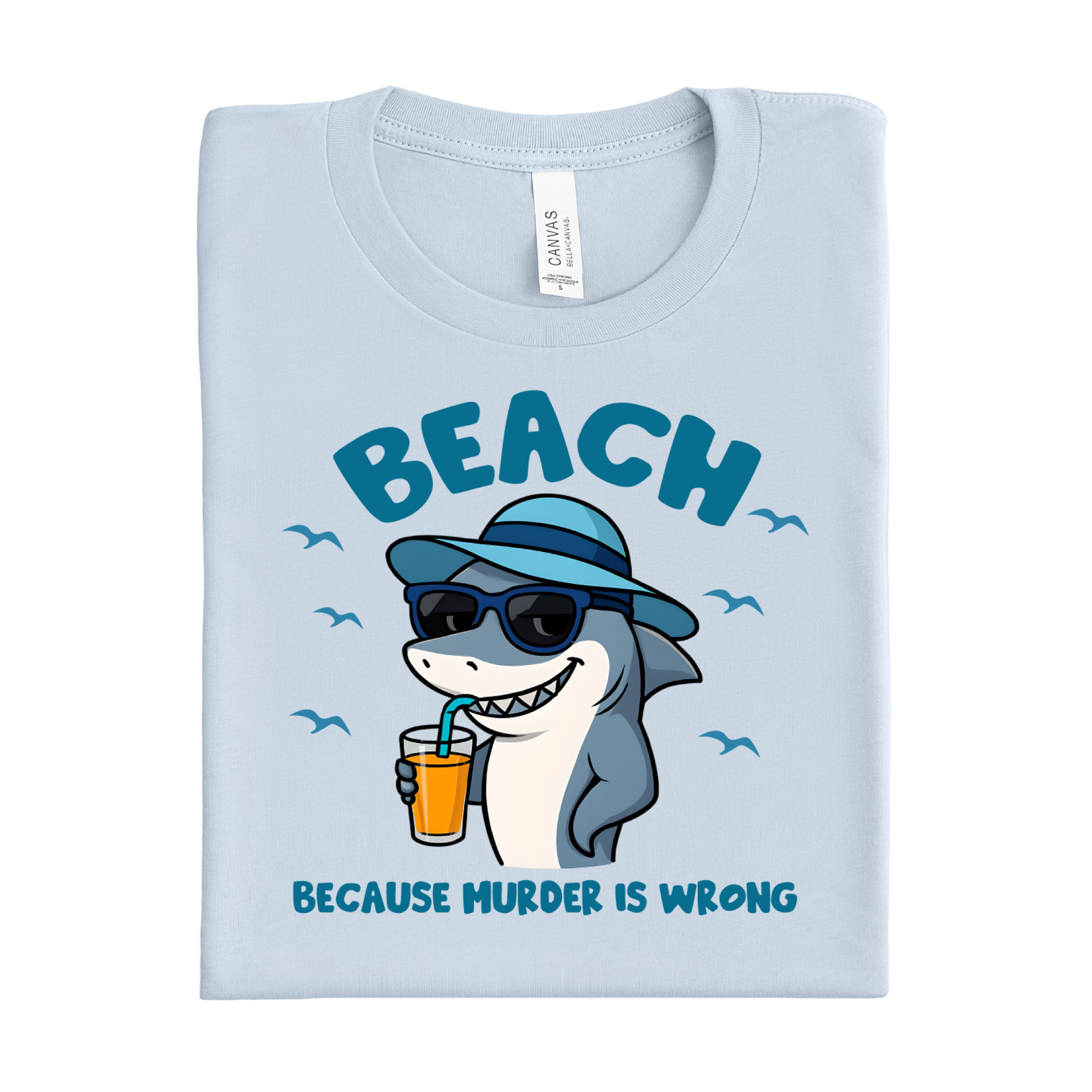 Light blue t-shirt with a shark design and text on a white background