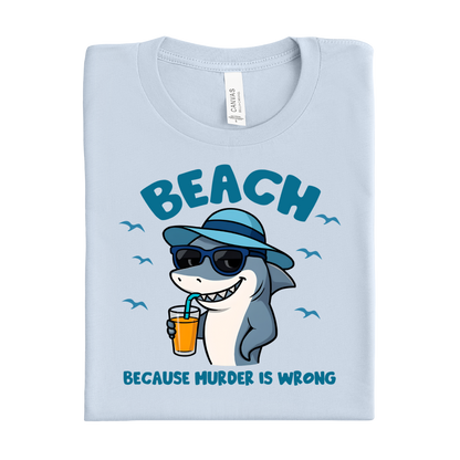 Light blue t-shirt with a shark design and text on a white background