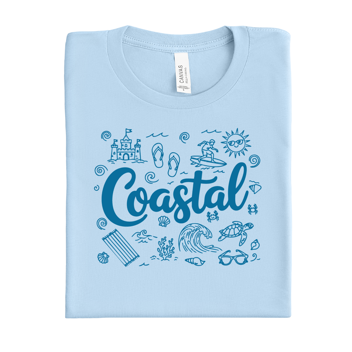 Ocean blue t-shirt with 'Coastal' design featuring beach icons on a white background