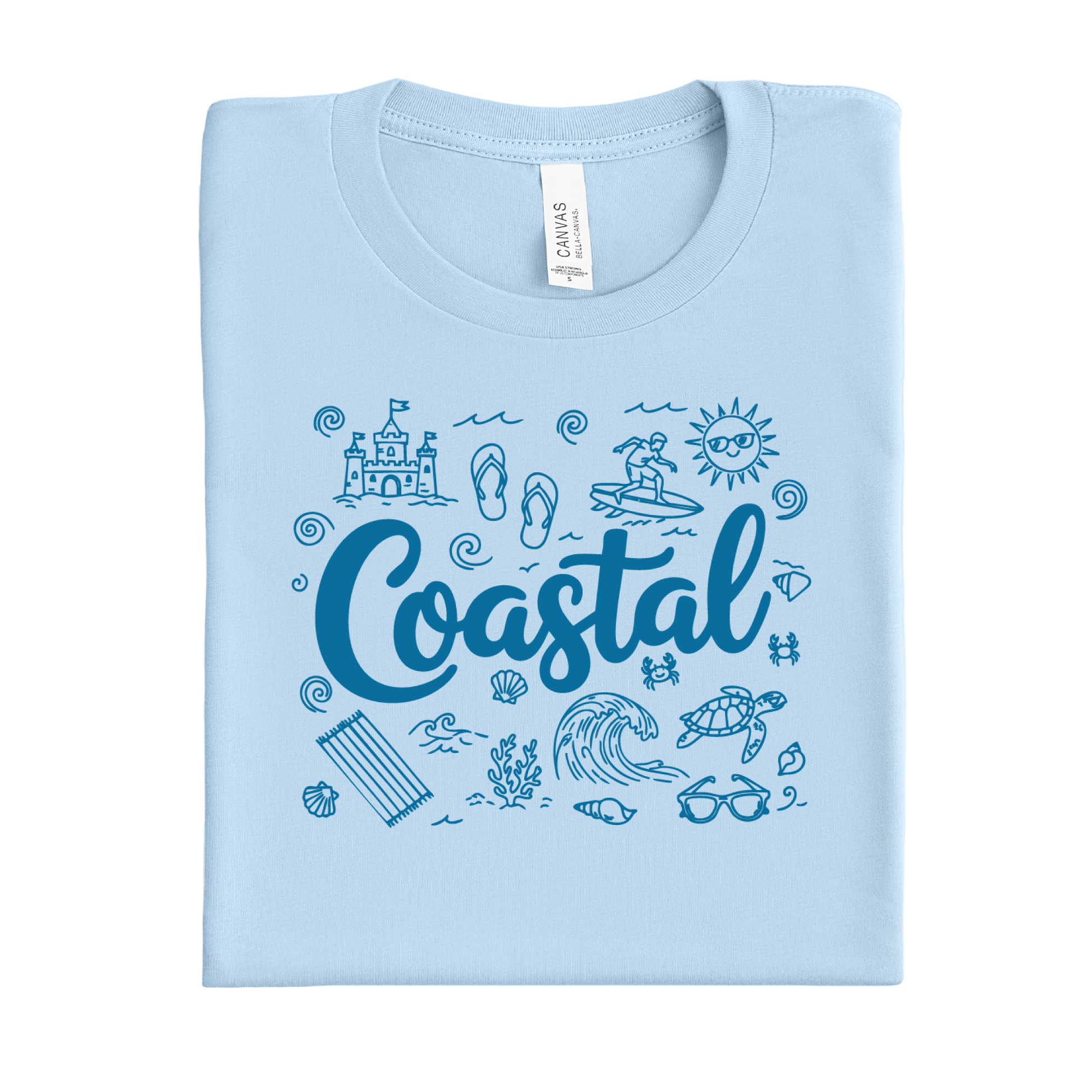Ocean blue t-shirt with 'Coastal' design featuring beach icons on a white background