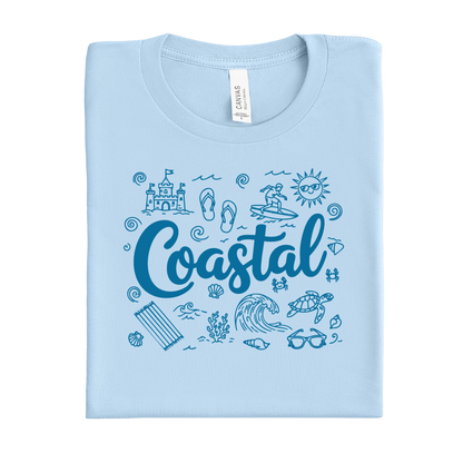 Ocean blue t-shirt with 'Coastal' design featuring beach icons on a white background