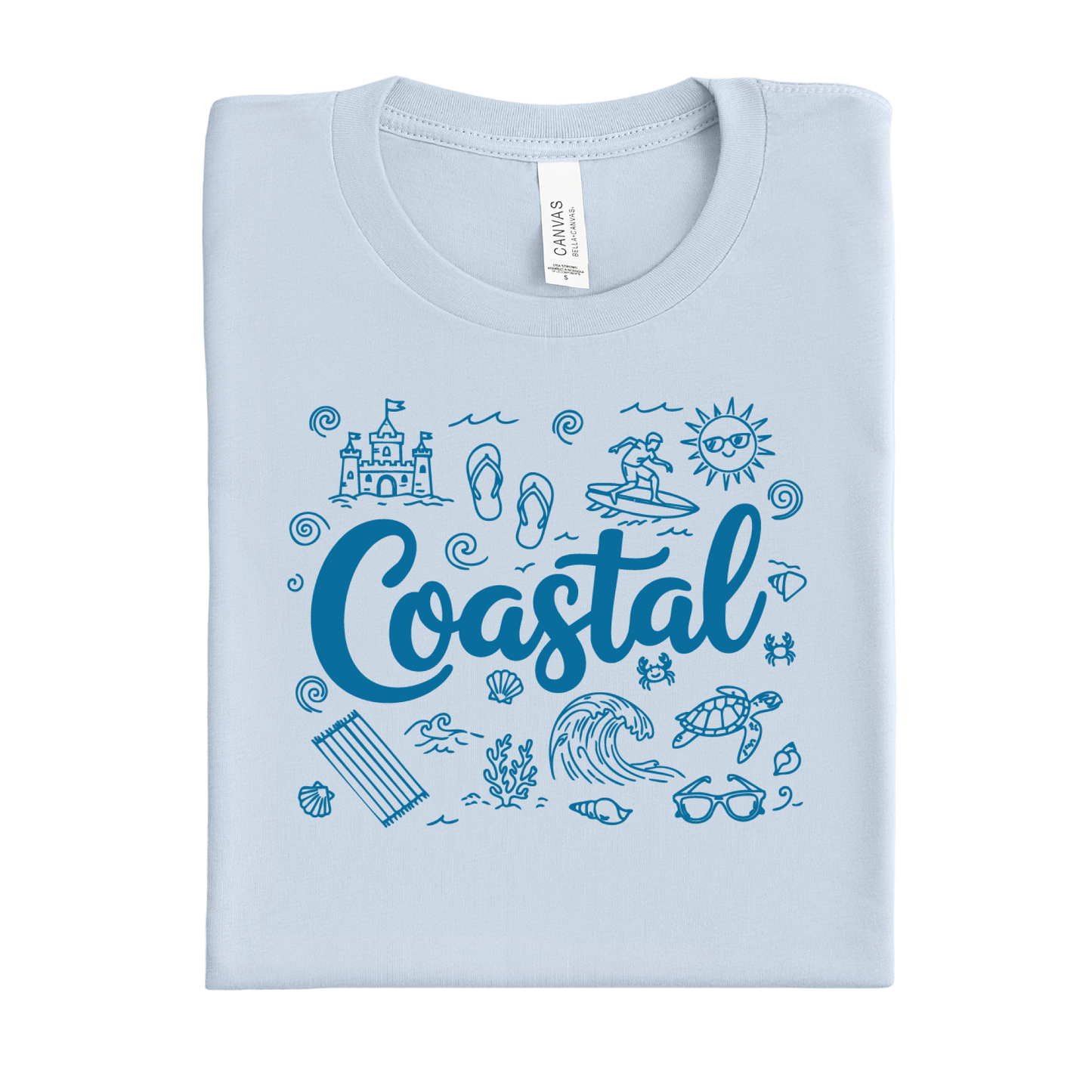 Light blue t-shirt with 'Coastal' design featuring beach elements on a white background