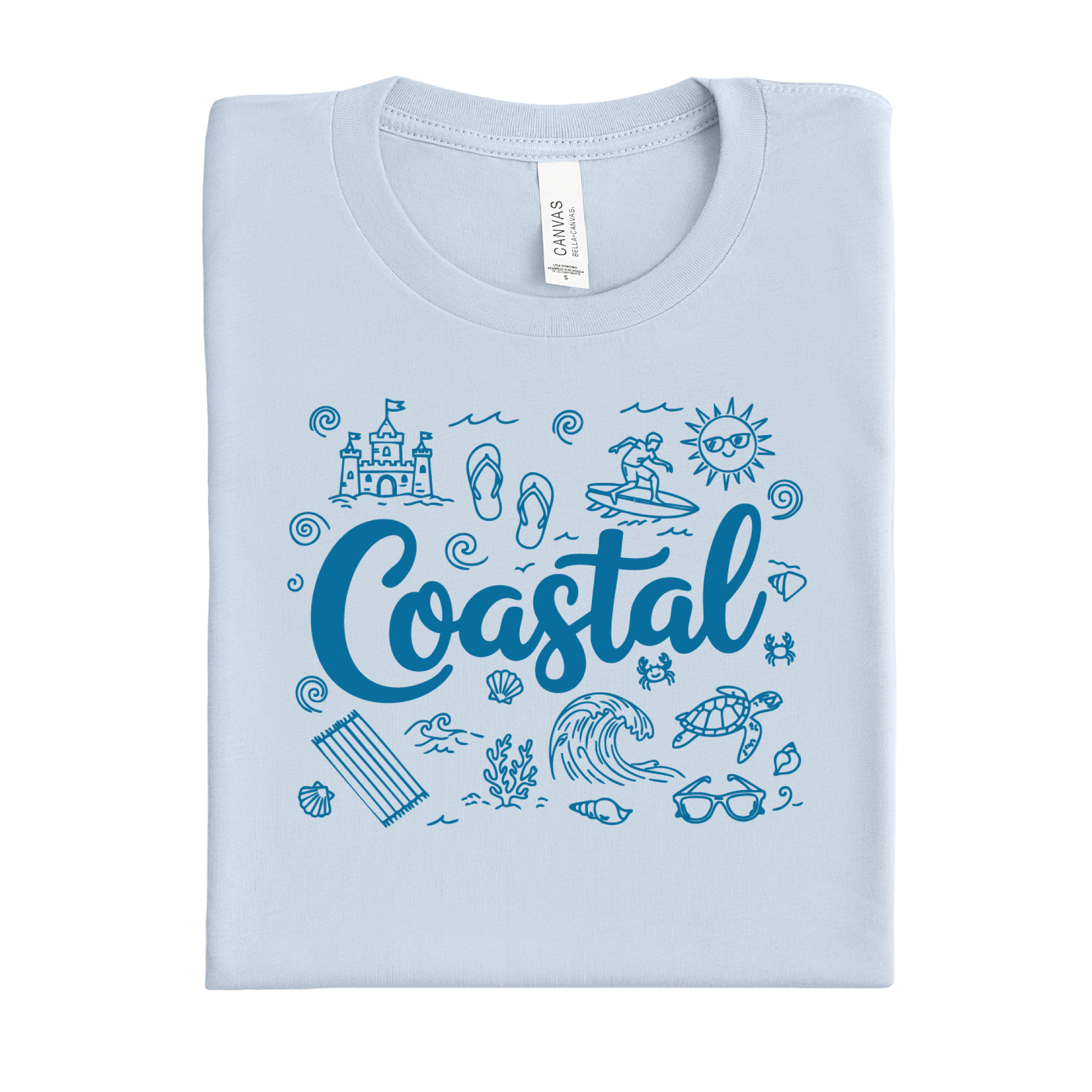 Light blue t-shirt with 'Coastal' design featuring beach elements on a white background