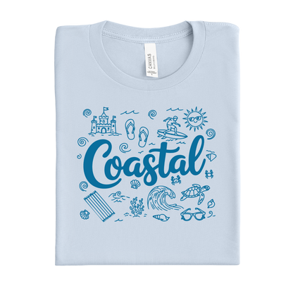 Light blue t-shirt with 'Coastal' design featuring beach elements on a white background
