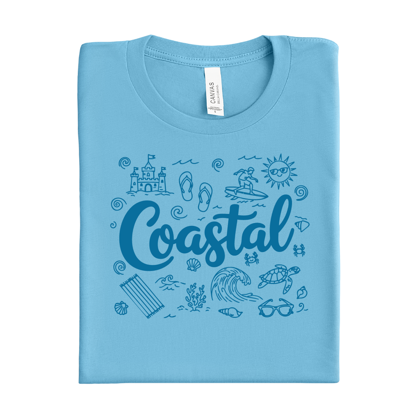 Folded blue t-shirt with coastal design and 'Coastal' text on a white background