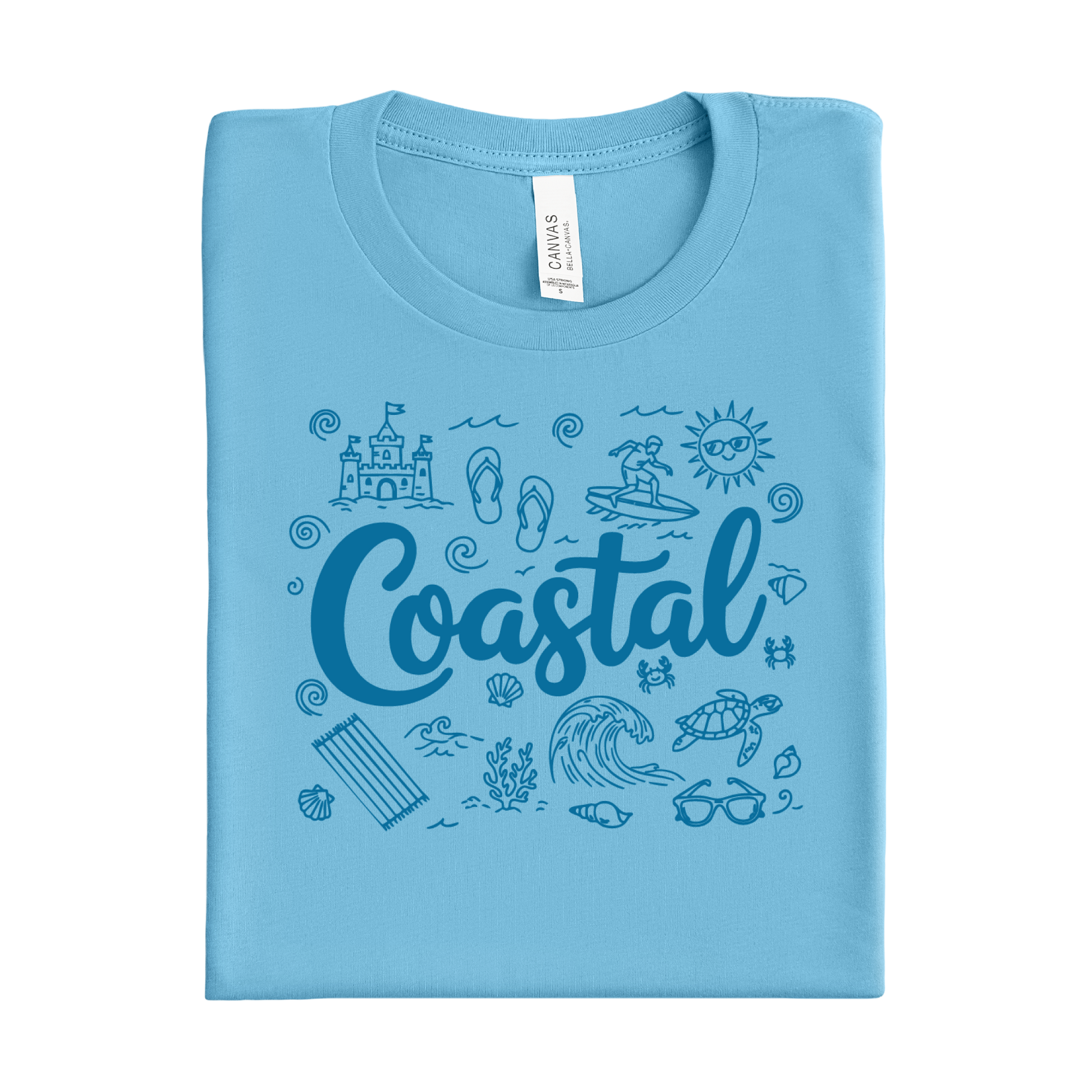 Folded blue t-shirt with coastal design and 'Coastal' text on a white background