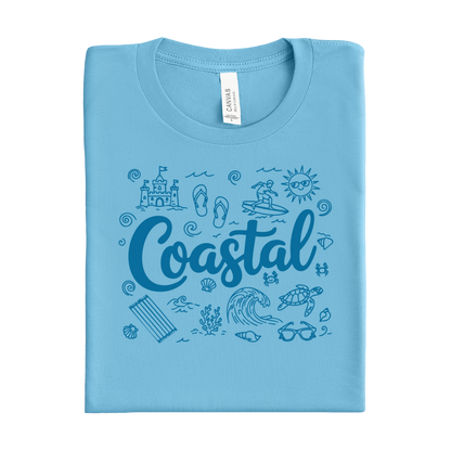 Folded blue t-shirt with coastal design and 'Coastal' text on a white background