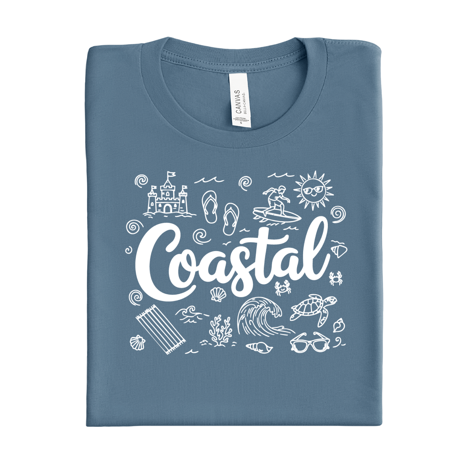 Folded steel blue t-shirt with 'Coastal' design and beach icons on a white background