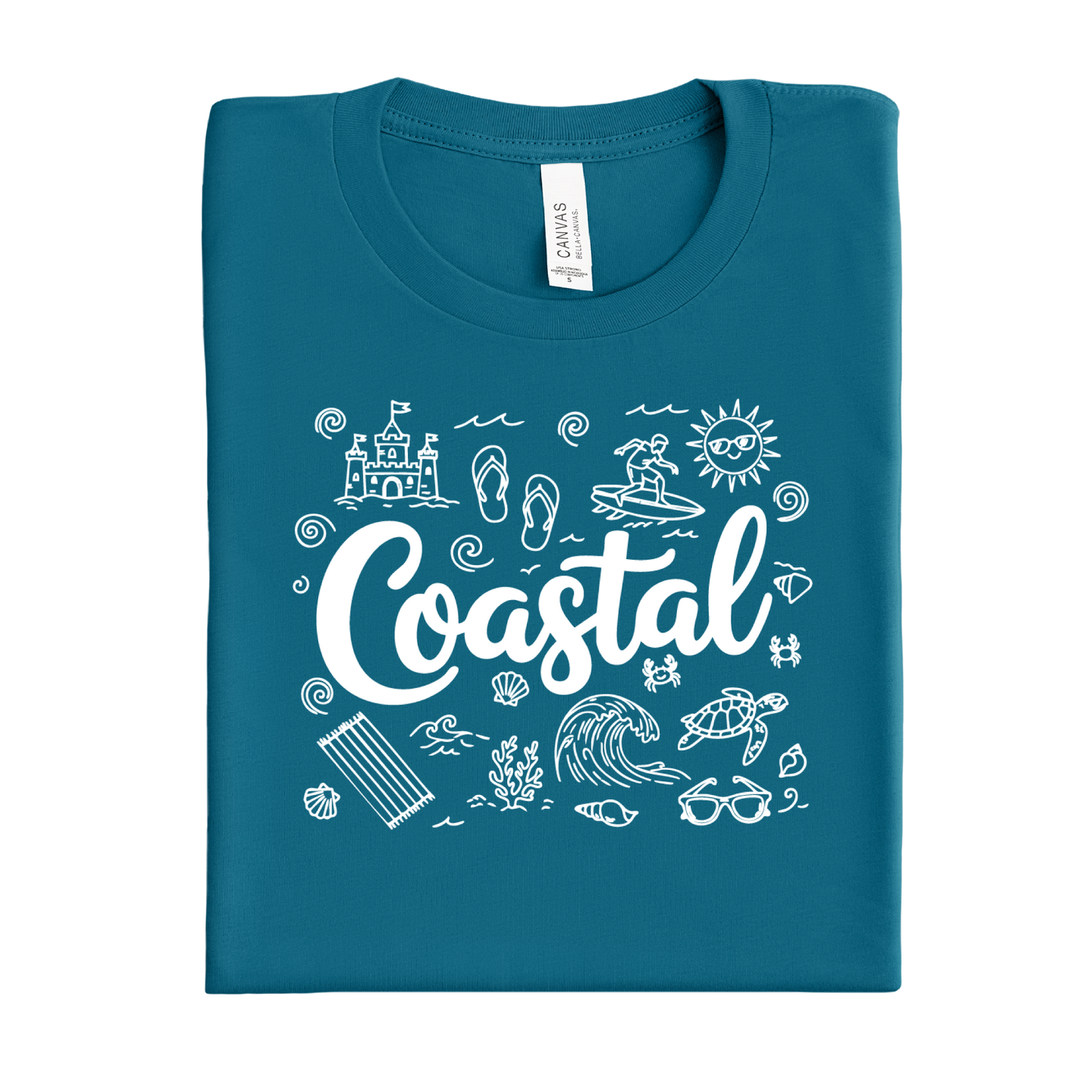 Folded deep teal t-shirt with 'Coastal' design on a white background