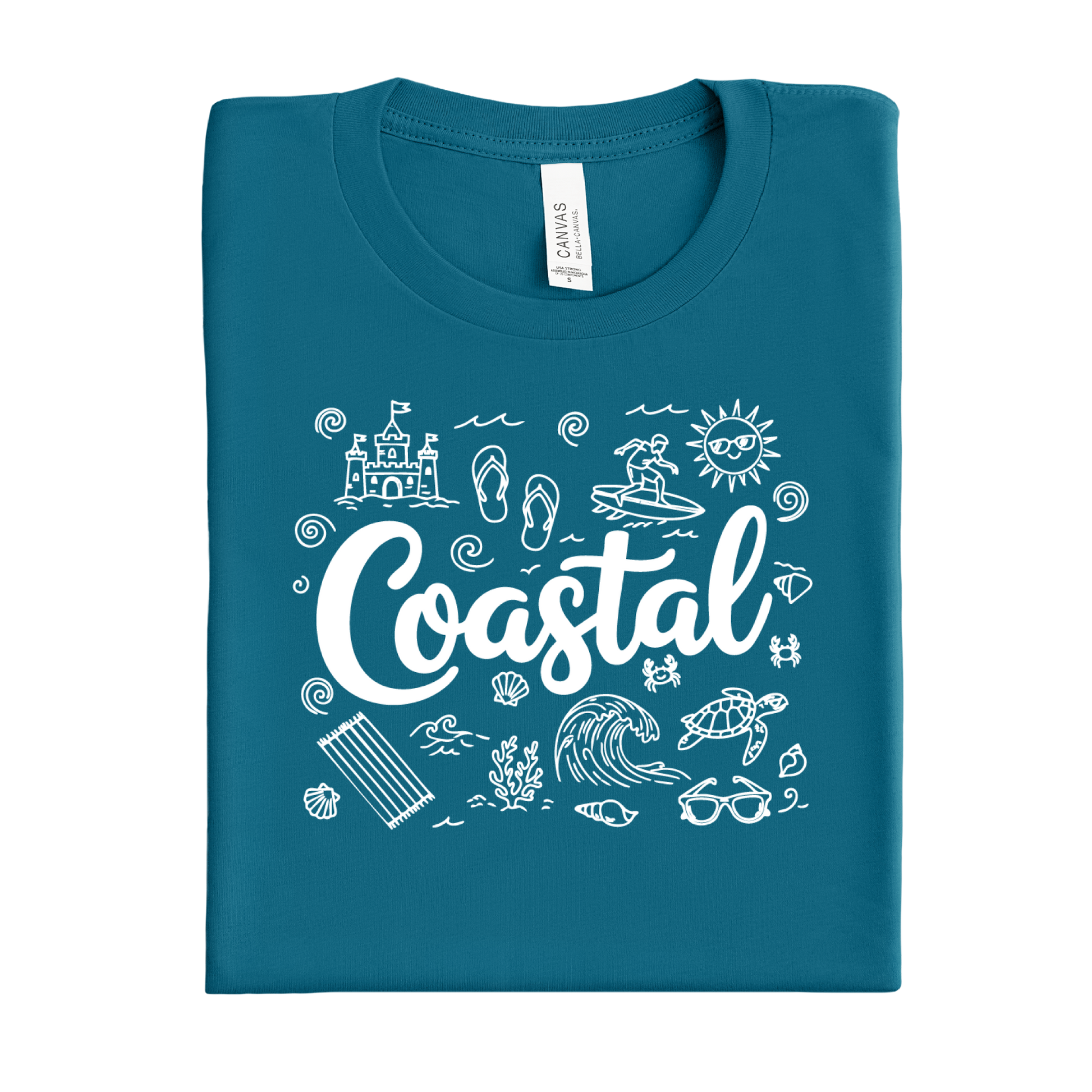 Folded deep teal t-shirt with 'Coastal' design on a white background