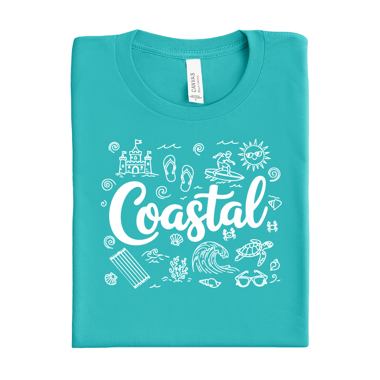 Folded teal t-shirt with 'Coastal' design on a white background
