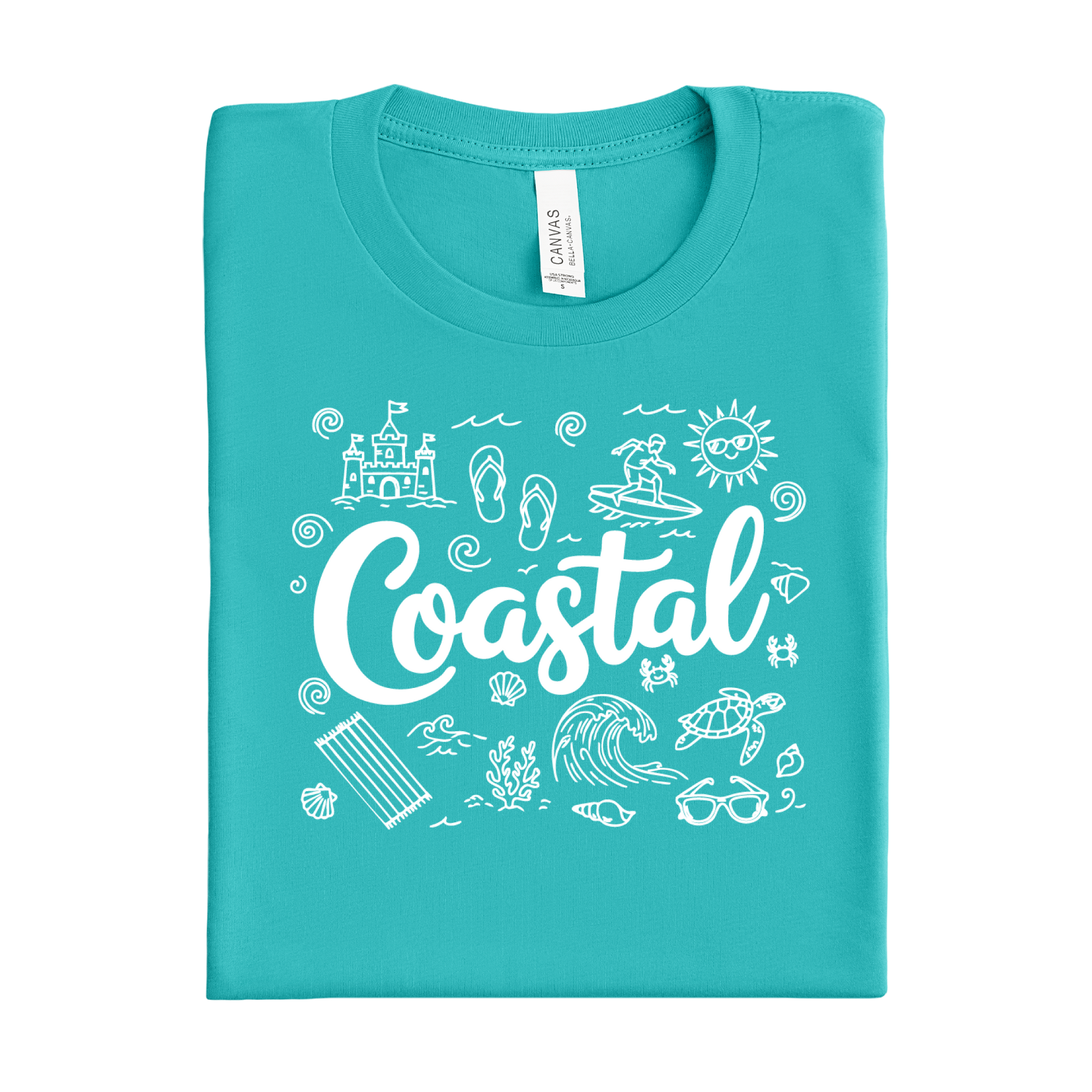 Folded teal t-shirt with 'Coastal' design on a white background