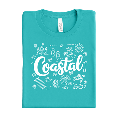 Folded teal t-shirt with 'Coastal' design on a white background
