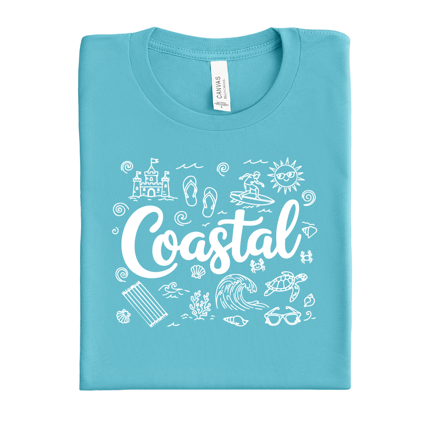 Folded turquoise t-shirt with 'Coastal' design on a white background