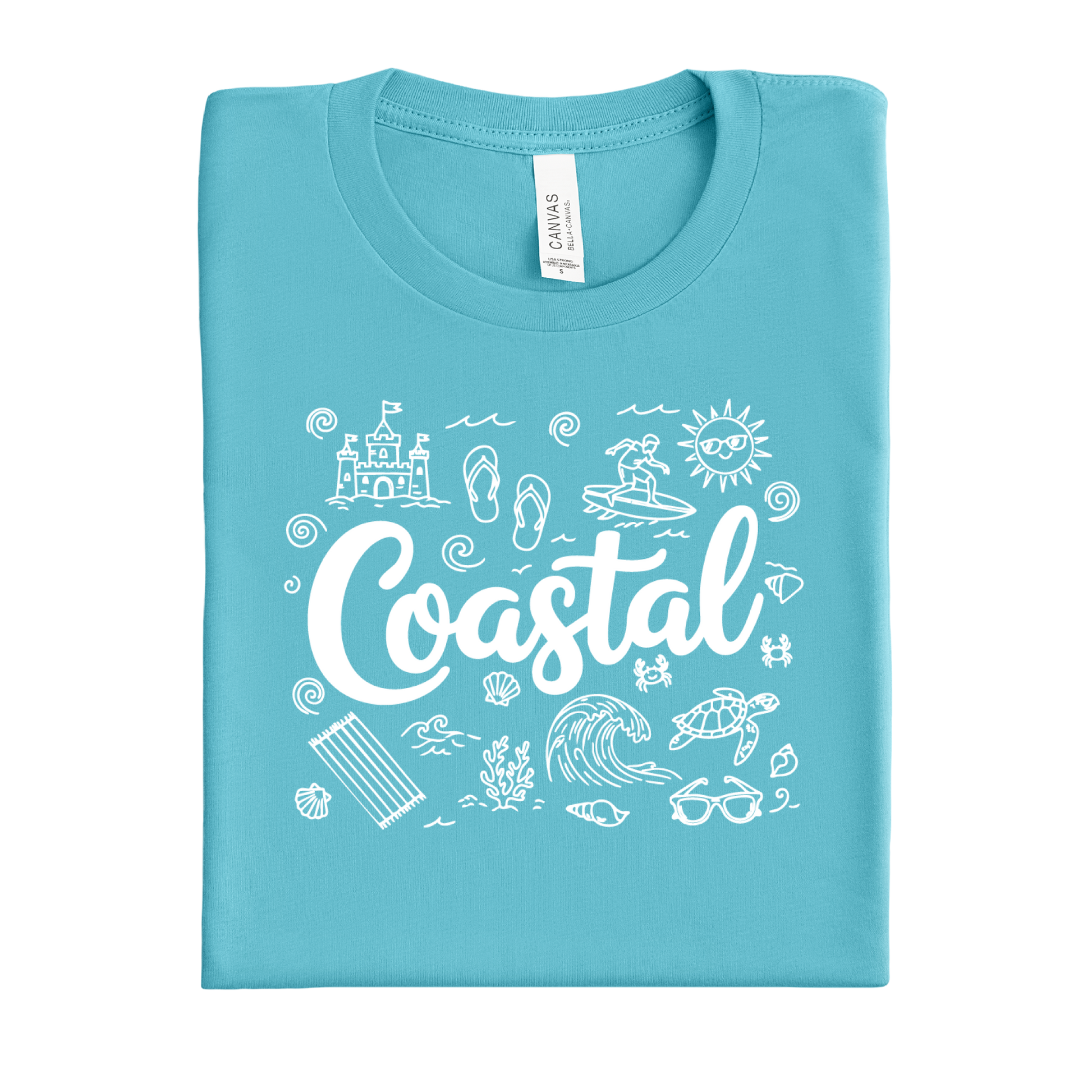 Folded turquoise t-shirt with 'Coastal' design on a white background