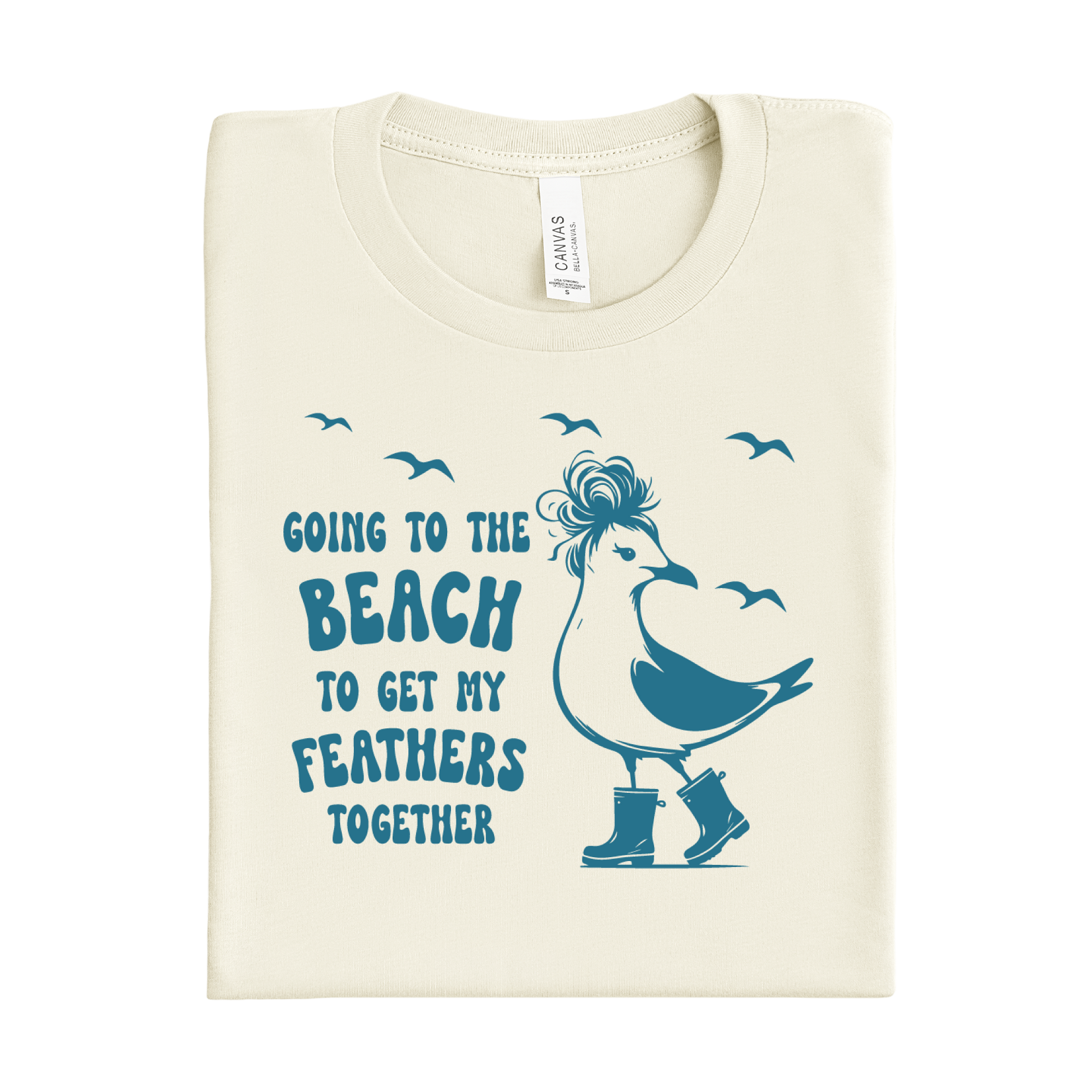 Natural t-shirt with blue seagull graphic and text on a white background